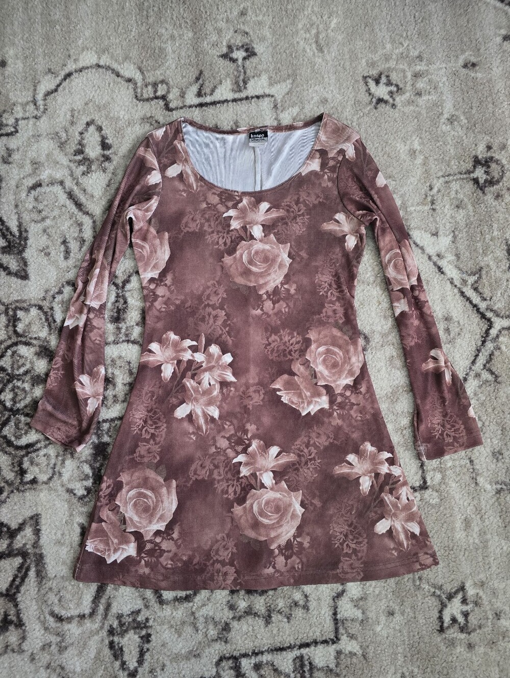Long-Sleeve Rose Print A-Line Dress - Beige/Brown